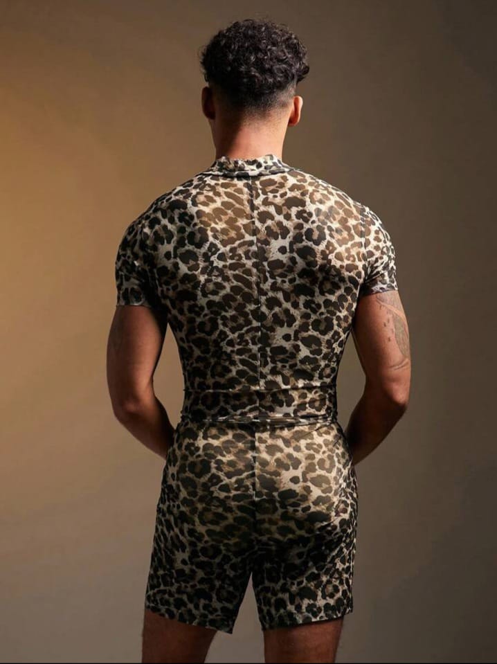 Bonga Boys Men's Leopard Print Mesh Sheer Sexy Short Sleeve Romper